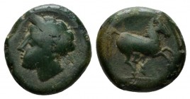 The Carthaginians in Sicily and North Africa, Carthage (?) Bronze circa 340-320, Æ 17.5mm., 5.16g. Head of Tanit l. Rev. Horse galloping r. SNG Copenh...