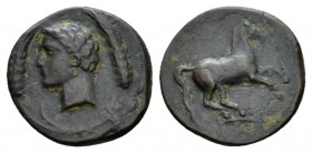The Carthaginians in Sicily and North Africa, Sicily (?) Bronze Late IV-Early III, Æ 17mm., 2.55g. Male haed l.; within two barley ears. Rev. Horse ga...