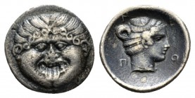 Macedonia, Neapolis Hemidrachm circa 424-350, AR 15mm., 1.79g. Gorgoneion. Rev. Head of nymph r. AMNG III/2, 13. SNG ANS 430. Dark patina and about ex...