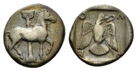 Macedonia, Olynthus Tetrobol circa 432-348, AR 14.5mm., 2.38g. Horse advancing r., in background column. Rev. Eagle flying r., holding wreath. All wit...