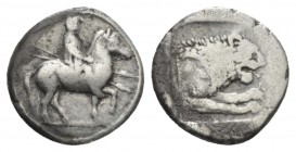 Kingdom of Macedon, Perdiccas II, 454-413 Tetrobol circa 454-413, AR 15mm., 2.14g. Horseman advancing r., holding two spears. Rev. Forepart of lion r....