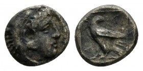 Kingdom of Macedon, Amyntas III, 393-369 Pella Diobol circa 393-369, AR 10.5mm., 1.23g. Head of Herakles r., wearing lion-skin headdress. Rev. Eagle s...