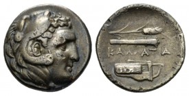 Moesia, Kallatis Drachm III-II century BC, AR 19mm., 5.45g. Head of Herakles r., wearing lion-skin. Rev. Grain ear, club, and bow in bowcase. SNG BM B...