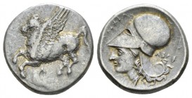 Acarnania, Argos Amphilochikon Stater 340-300, AR 21.5mm., 8.38g. Pegasos flying l., below, A. Rev. Head of Athena l. wearing Corinthian helmet; above...
