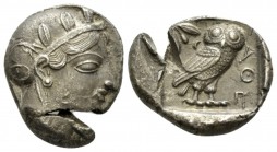 Attica, Athens Tetradrachm After 449, AR 22.5mm., 16.99g. Head of Athena r., wearing crested Attic helmet, decorated with three olive leaves and palme...