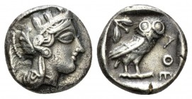 Attica, Athens Drachm After 449, AR 14.5mm., 4.06g. Head of Athena r., wearing crested Attic helmet, decorated with three olive leaves and palmettae. ...