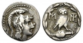 Attica, Athens Drachm circa 165-142, AR 18mm., 4.14g. Head of Athena r. wearing crested helmet. Rev. Owl standing r. with closed wings, on amphora. Al...