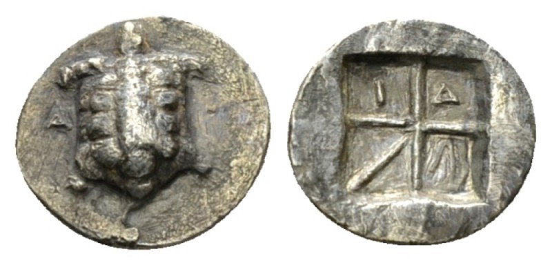 Aegina, Aegina Obol circa 350-338, AR 13mm., 0.72g. Turtle; in l. field, A. Rev....