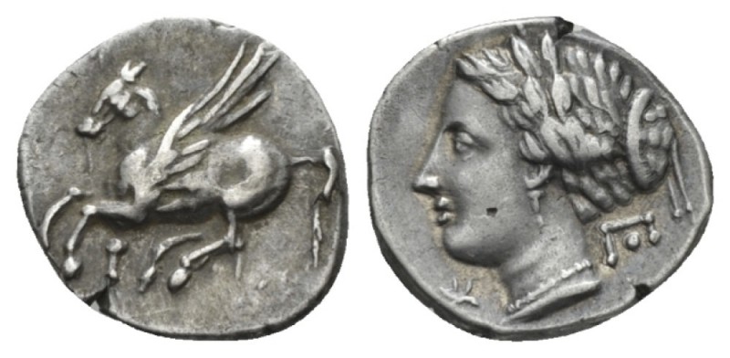 Corinthia, Corinth Drachm circa 350-300, AR 14mm., 2.20g. Pegasos flying l. Rev....