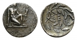 Sicyonia, Sycion Tritartemorion circa 400-350, AR 10.5mm., 0.57g. Archaic figure of Apollo kneeling to r., holding bow and arrows in his l. hand and r...