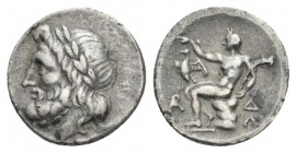 Arcadia, Megalopolis Hemidrachm circa 182-168, AR 15mm., 2.30g. Laureate head of Zeus l. Rev. Pan seated l. on rock, raising r. hand, holding lagobolo...