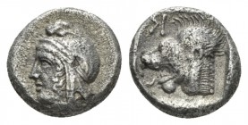 Mysia, Cyzicus Hemidrachm circa 480-460, AR 12.5mm., 2.50g. Head of Atys l.; below, tunny. Rev. Head of lion l., above, K. RN 1856, pl. II, 4. SNG Par...