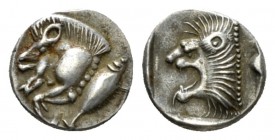 Mysia, Cyzicus Diobol circa 450-400, AR 10.5mm., 1.14g. Forepart of boar l., in r. field, tunny upwards. Rev. Head of lion l. within incuse square. Vo...