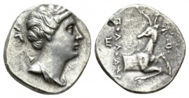 Ionia, Ephesus Didrachm circa 258-202, AR 19.5mm., 6.15g. Bust of Artemis wearing stephane right, at shoulder, bow and quiver. Rev. Forepart of stag k...