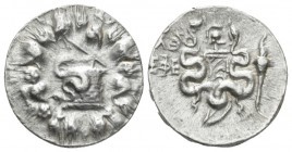 Ionia, Ephesus Cistophoric Tetradrachm circa 180-167, AR 25.5mm., 12.58g. Cista mystica from which snake coils; around, ivy wreath with fruits. Rev. T...