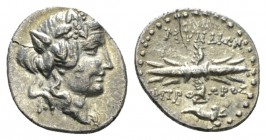 Caria, Myndus Hemidrachm II-I century, AR 15mm., 2.22g. Head of young Dionysus r., wearing mitre and wreathed with ivy. Rev. Horizontal winged thunder...