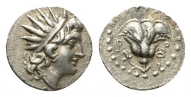 Caria, Rhodes Diobol circa 66-88 BC, AR 10mm., 0.77g. Radiate head of Helios r. Rev. Rose; in r. field, caduceus. SNG von Aulock 2833 var. SNG Keckman...