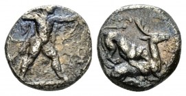 Cyprus, Azbaal or Baalmelek II, Citium Tetrobol circa 449-400, AR 14mm., 3.86g. Herakles advancing r. Rev. Lion attacking stag r., within dotted incus...