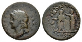 Corinthia, Corinth Nero, 54-68 Bronze circa 67-68, Æ 20.5mm., 6.68g. Laureate head l. Rev. Nero standing l., holding patera; behind Tyche turreted cro...