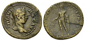Mysia, Apollonia ad Rhyndacum Elagabalus, 218-222 Bronze circa 218-222, Æ 26mm., 7.07g. Laurate head r. Rev. Apollo naked, leaning with l. elbow on pi...