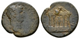 Ionia, Ephesus Hadrian, 117-138 Bronze circa 117-138, Æ 22.5mm., 6.01g. Laureate head r. Rev. Tetrastyle temple. SNG Righetti 849.

Good Fine.

 ...