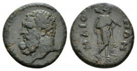 Lydia, Maeonia Pseudo-autonomous issue. Bronze Time of the Severans, Æ 19mm., 4.55g. Head of Herakles l. Rev. Omphale advancing r.; holding lion skin ...