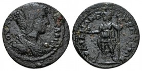 Lydia, Sardes Julia Domna, wife of Septimius Severus Bronze circa 193-211, Æ 23mm., 5.08g. Draped bust r. Rev. EΠI POVΦOV CAPΔIANΩN B NEΩKOPΩN Mên sta...