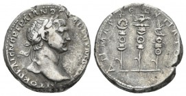 Arabia, Bostra Trajan, 98-117 Tridrachm circa 112-114, AR 23mm., 10.29g. Laureate head r. Rev. Aquila between two signa, that to the l. surmounted by ...