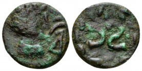 Mesopotamia, Hatra Autonomous issue Bronze Circa II cent., Æ 24.5mm., 8.43g. Radiate head of the sun god Shamash r. Rev. Large inverted SC within laur...