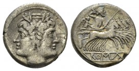 Quadrigatus circa 225-214, AR 18mm., 4.88g. Laureate janiform head of Dioscuri, Rv. Jupiter in quadriga driven by Victory r., holding sceptre and thun...