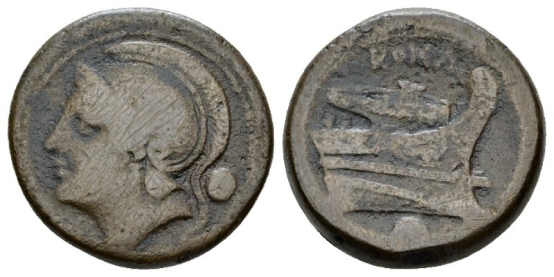 Uncia circa 217-215, Æ 25mm., 15.22g. Helmeted head of Roma l.; behind, pellet. ...