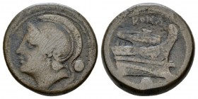Uncia circa 217-215, Æ 25mm., 15.22g. Helmeted head of Roma l.; behind, pellet. Rev. ROMA Prow r.; below, pellet. Sydenham 86. Crawford 38/6.

Brown...
