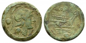 Uncia circa 215-212, Æ 21.5mm., 7.90g. Head of Roma r., wearing Attic helmet; behind, pellet. Rev. ROMA Prow r.: below, pellet. Sydenham 108. Crawford...