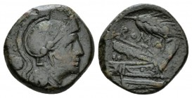 Corn-Ear series Uncia Sicily circa 214-212, Æ 20mm., 6.29g. Helmeted head of Roma right; pellet behind. Rev. Prow r.; corn-ear and ROMA above, pellet ...