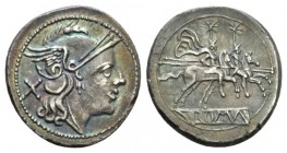 Denarius circa 214-213, AR 20mm., 4.15g. Helmeted head of Roma r.; behind, X. Rev. The Dioscuri galloping r.; in exergue, ROMA. Sydenham 167. RBW 166....
