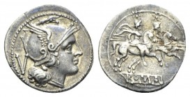 Quinarius circa 214-213, AR 15.5mm., 2.05g. Helmeted head of Roma r.; behind, V and beneath neck truncation, pellet. Rev. The Dioscuri galloping r.; i...