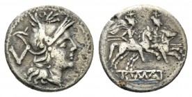 Quinarius circa 214-213, AR 14.5mm., 2.12g. Helmeted head of Roma r.; behind, V. Rev. The Dioscuri galloping r.; in exergue, ROMA in linear frame. Syd...