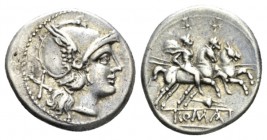 Denarius circa 208, AR 20mm., 4.32g. Helmeted head of Roma r.; behind, X. Rev. The Dioscuri galloping r.; below, apex and ROMA in linear frame. Sydenh...