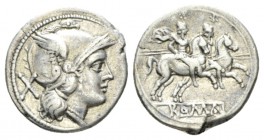 Denarius After 211, AR 18.5mm., 4.02g. Helmeted head of Roma r.; behind, X. Rev. The Dioscuri galloping r.; below, ROMA in linear frame. Sydenham 311....