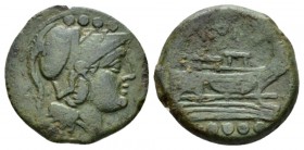 Triens Sardinia after 211, Æ 22.5mm., 6.61g. Helmeted head of Minerva r.; above, four pellets. Rev. ROMA Prow r.; below, four pellets. Russo RBW 207. ...
