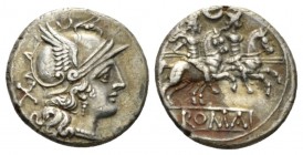 Crescent (first) series Denarius circa 207, AR 19mm., 4.40g. Helmeted head of Roma r.; behind, X. Rev. The Dioscuri galloping r.; above, crescent and ...