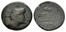 Sextans Sicily circa 207-206, Æ 20.5mm., 6.33g. Head of Mercury r.; above, two pellets. Rev. Prow r.; above, corn-ear and before, KA ligate. Below, RO...