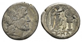 Victoriatus Sicily circa 214-212, AR 16mm., 3.12g. Laureate head of Jupiter r. Rev. Victory standing r., crowning trophy; in field, corn ear and in ex...