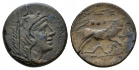 Quadrans Sicily circa 214-212, Æ 19.5mm., 6.37g. Head of Hercules r, wearing boar skin; behind, three pellets. Rev. Bull charging r.; above, corn ear ...