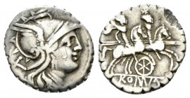 Denarius Sicily (?) circa 209-208, AR 18mm., 3.82g. Helmeted head of Roma r.; behind, X. Rev. The Dioscuri galloping r.; below, six-spoked wheel. In e...