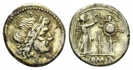 Victoriatus circa 206-195, AR 15.5mm., 2.72g. Laureate head of Jupiter r. Rev. Victory crowning trophy; in centre field, thunderbolt and in exergue, R...
