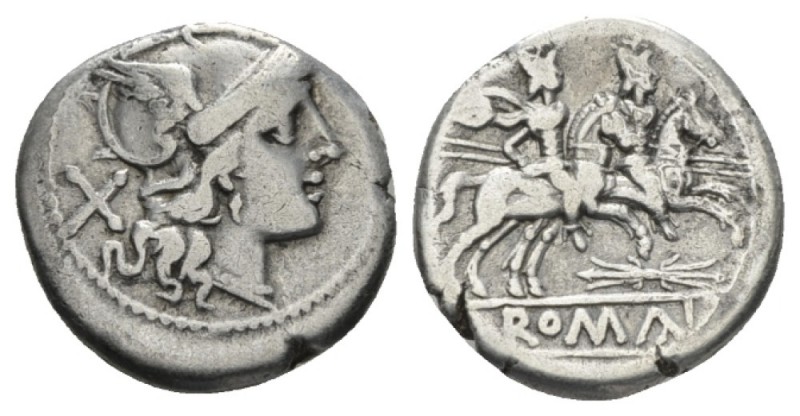 Thunderbolt series Denarius circa 206-195, AR 18.5mm., 3.64g. Helmeted head of R...