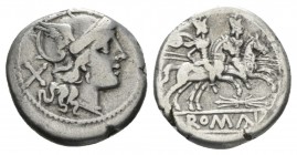 Thunderbolt series Denarius circa 206-195, AR 18.5mm., 3.64g. Helmeted head of Roma r.; behind, X. Rev. The Dioscuri galloping r.; below, thunderbolt ...