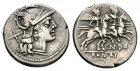 Cn. Domitius Ahenobarbus. Denarius circa 189-180, AR 18.5mm., 4.01g. Helmeted head of Roma r.; behind, X. Rev. The Dioscuri galloping r.; below, CN·DO...