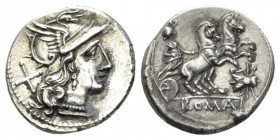 Fly series Denarius circa 179-170, AR 19mm., 3.80g. Helmeted head of Roma r., behind, X. Rev. Luna in prancing biga r.; below, fly and ROMA in partial...